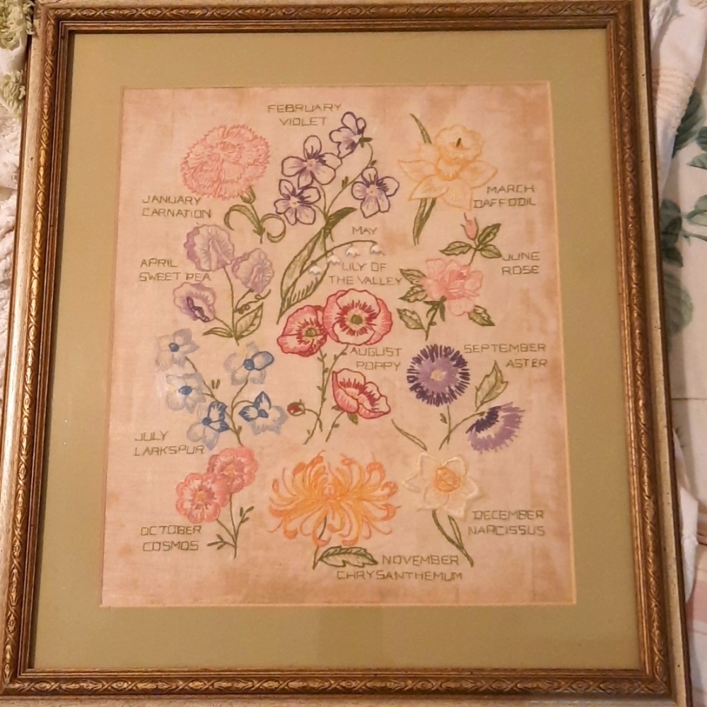 Vintage framed hand sewn flowers of each month original folk Art from 1976